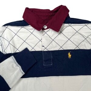 Polo Ralph Lauren Rugby Shirt Kids Medium Navy White Striped Quilted Collar READ